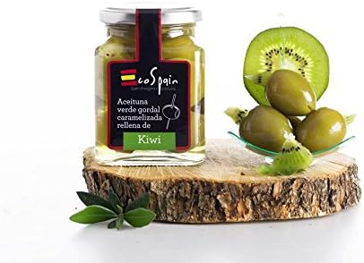 Green Olive Gordal (Big) Stuffed with caramelized Kiwi. Gourmet Product 300 gr.