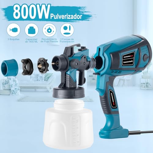 Pistola de Pintura, 800W Pistola para Pintar Eléctrica con Recipiente de 1400ml, Pulverizador de Pintura Multipropósito con 3 Modos de Pulverización y 4 Boquillas para Casas, Paredes, Muebles, Cercas