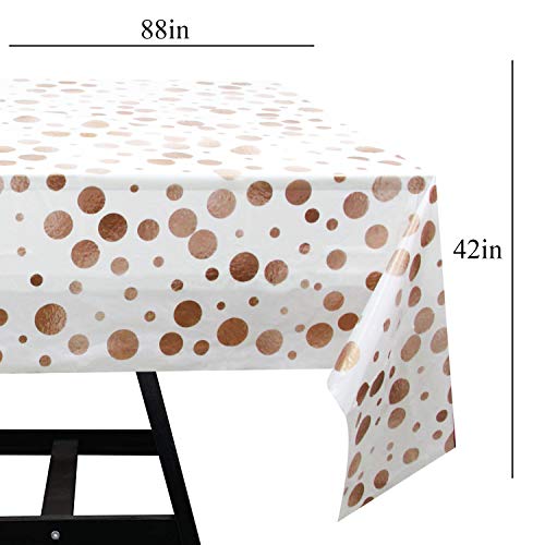 352 Piece White with Pink & Rose Gold Foil Polka Dot Party Supplies Set Including Plates, Cups, Napkins, Forks, Knives, Spoons and Tablecloths, Serves 50