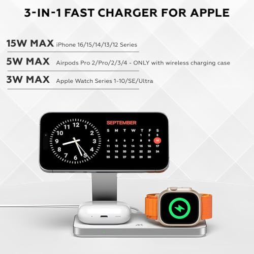 AMROAH Foldable 3 in 1 Wireless Charging Station for Apple Compatible with Magsafe Charger Stand, Magnetic Wireless Charger Station for iPhone 17 16 15 14 13 12, Airpods Pro, Apple Watch (White)