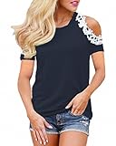 StyleDome Womens Sexy Lace Blouses Off Shoulder Summer Tops Floral Crochet Shirt Casual Navy Short Sleeve XL