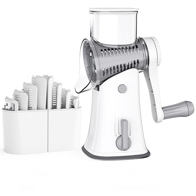 Photo 1 of YHBRAK Rotary cheese grater with 5 different interchangeable blades vegetable cheese grater slicer with handle with non-slip suction cup base for kitchen for cheese, vegetables, fruits, white