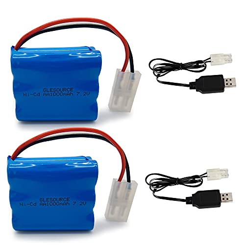 GLESOURCE (2-Pack 7.2V 1000mAh Rechargeable Ni-Cd Battery AA Battery Pack with Standard Tamiya Connector for RC Car RC Truck Household Appliances with(2PCS) USB Charging Cable