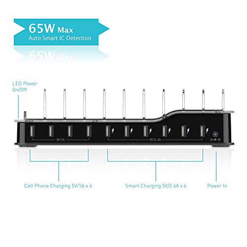 Kavalan 10 Port USB Charging Station Dock & Organizer, Universal Desktop Tablet & Smartphone Multi-Device 10 Port USB Charger Hub with Auto Detect Smart Rapid Charg (10 Port+65W/Support 10iPad/Black)