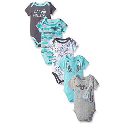 Calvin Klein Baby Boys' Assorted Short Sleeve Bodysuit, Turquoise/Gray, 0-3 Months (Pack of 5)
