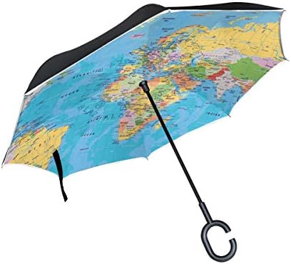 Reverse Umbrella World MAPS 3D Inverted Umbrella Reversible for Golf Car Travel Rain Outdoor Black