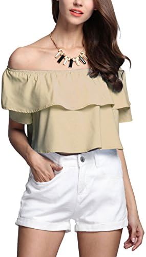 LZMY Womens Casual Solid Color Crop Top Off Shoulder Loose Blouse T-shirts (One Size, Khaki)