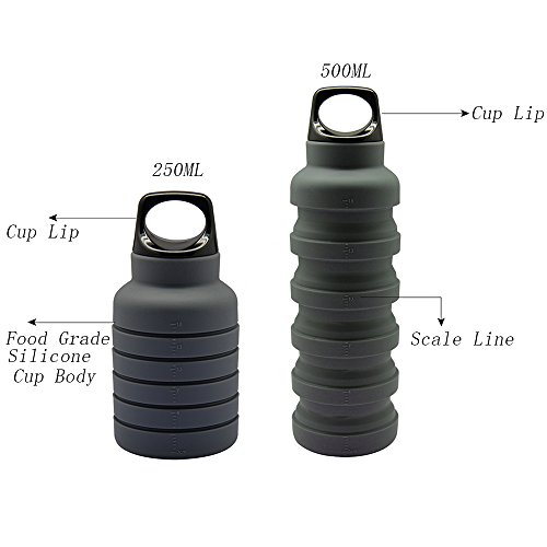 ThinsGo Foldable Water Bottle,Collapsible Portable Leak-proof Silicone Kettle,Lightweight Eco-Friendly Reusable Drinking Bottles with 250-500ML for Traveling Camping Hiking Walking Running (Gray)