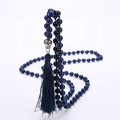 BALIBALI 108 Mala Beads Necklace Semi-Precious Gem Stones Meditation Necklace 108 Hand Knotted Japa Mala Beaded Tassel Necklace with Tree of Life Pendant (Lapis Lazuli)
