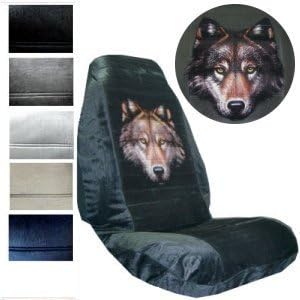 Seat Cover Connection Wolf Face print 2 High Back Bucket Car Truck SUV Seat Covers - Tan