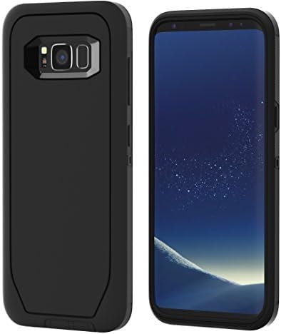 Galaxy S8 Armor Case Heavy Duty Protector Cover [DEFENDER] with 1-Pack Tempered Screen Glass Protector. Soft Inner and Hard Outer Layers - Black