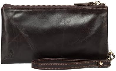 Vintage Men Wallet Long Double Zipper Genuine Leather Purse Clutch Hand Bag with Wristlet (brown)