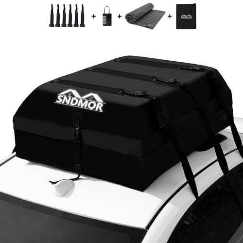 SNDMOR Roof Bag, 595L/21 Cubic Feet Waterproof Roof Luggage Suitable for All Vehicles with/Without Luggage Rack, Includes Non-Slip Mat + 6 Reinforcement Straps (Black)