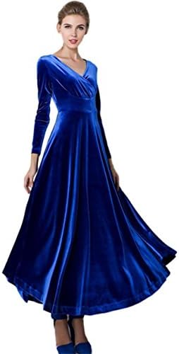 Fineshow Women Soft Velvet Long Sleeve V-neck Plus Size Ankle Slim Stretchy Dress (XL, Blue)