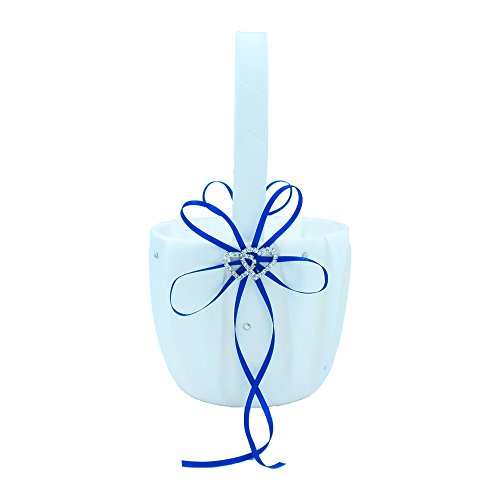 Abbie HomeRoyal Blue Wedding Flower Basket Ribbon Bowknot Double Heart Rhinestone Décor Party Favor (Royal Blue Basket)