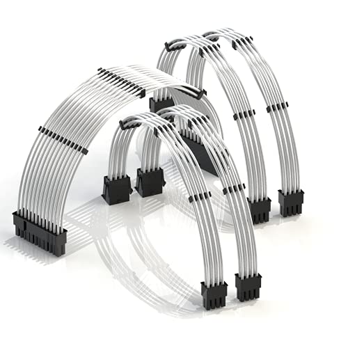 LINKUP - 30cm PSU Cable Extension 18AWG Oxygen Free Copper (OFC) Teflon Jacket Custom Mod GPU PC w/Comb Kit | 1 x 24 P (20+4) | 2 x 8 P (4+4) CPU | 2 x 8 P (6+2) GPU Set | 300mm - Silver