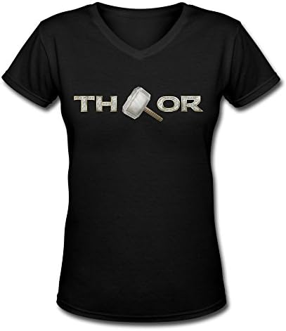 Women's Cool Graphic Design THOR LOGO Slim Fit V Neck Tee Shirt L Black
