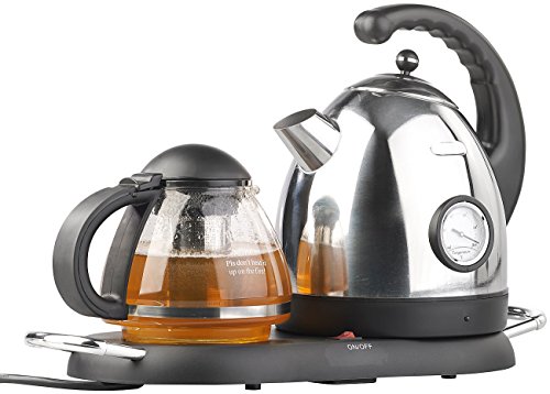 Rosenstein & Söhne Teekanne elektrisch: Edelstahl-Wasserkocher WSK-300.set mit Teekanne (Teestation mit Wasserkocher, Kanne, Warmhalteplatte)