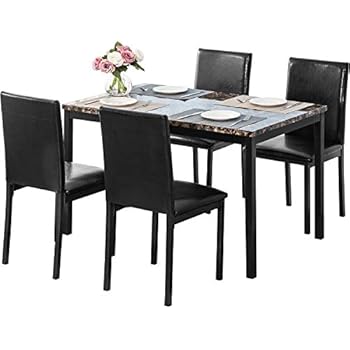 MOOSENG, 5 Pieces Dining Table Set, Elegant Faux Marble Desk and 4 Upholstered PU Leather Chairs, Perfect for Kitchen, Breakfast Nook, Bar, Living Room Occasions, Black