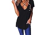 Xuan2Xuan3 Women Short Sleeve Criss Cross Loose Tunic Tops Ripped V Neck Casual Girls Tees T Shirts