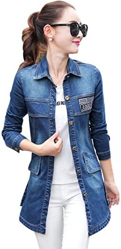 Wincolor Women's Fashion Button Down Rinsed Blue Denim Long Jacket Coats
