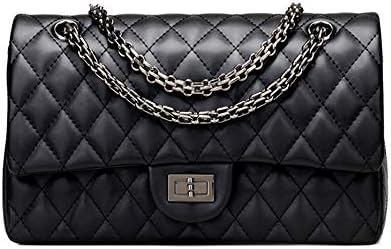 Sheli Branded Classic Medium Black Quilted Plaid Soft Lambskin Leather Shoulder Crossbody Handbag for Woman