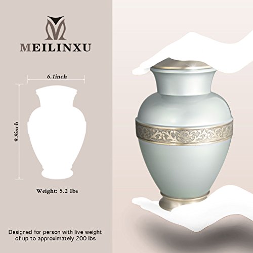 Funeral Urn by Meilinxu - Cremation Urns for Human Ashes Adults and keepsake Urns - Design is Hand Engraved in Brass - Display Burial Urns At Home or in Niche at Columbarium (Elsene Pale Blue Urn