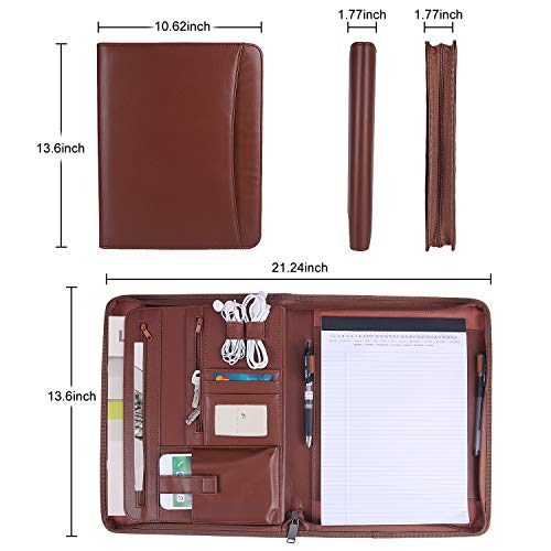 Zippered Padfolio Portfolio Binder, OOWOLF Leather Travel Conference Folder Executive Business Padfolio Case with Writing Pad Tablet, Phone/iPad Pockets, Pen Holder for Interview