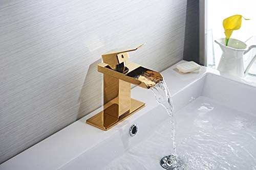 Bathfinesse Bathroom Sink Faucet Waterfall Spout Single Handle One Hole Lavatory Gold