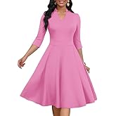 MarryUP Church Dress for Women V Neck 3/4 Sleeve Midi Causal Cocktail Party A-Line Dresses with Pockets