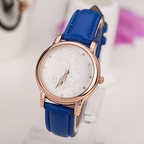 Colorful Diamond Dail Rose Gold Bezel Green Pointer PU Leather Women Quartz Watch - Blue