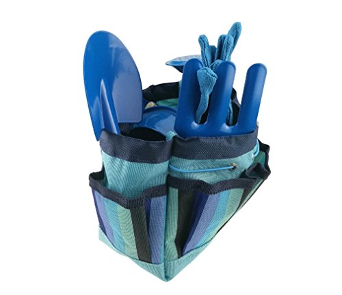 Gardening Tool Set For Kids Children Includes Watering Can Gloves Shovel Rake Fork and Carry bag Girls Boys Gift (Blue)