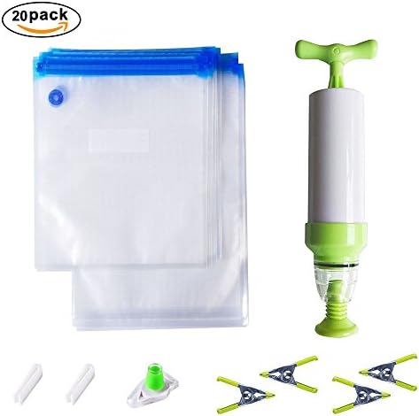 Sous Vide Bags Kit for Anova Cookers,20 Reusable BPA Free Food Vacuum Sealed Bags,1 Hand Pump,2 Bag Sealing Clips and 4 Sous Vide Clips,Easy to Use, Practical for Long-time Sous Vide Cooking &amp; Foo