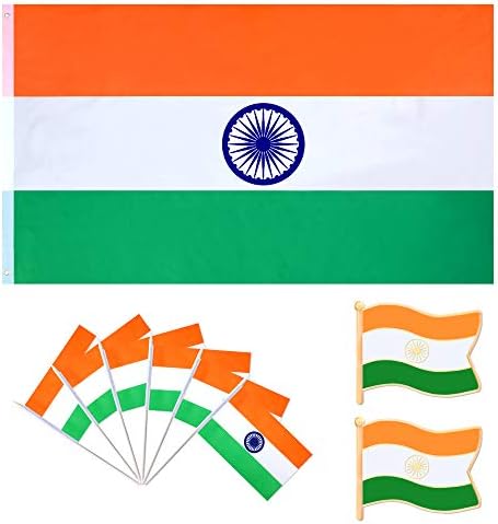 Consummate India Flag 3x5-12 Pack Indian Small Mini Stick Flags with 2 Pack Lapel Pin Party Decorations