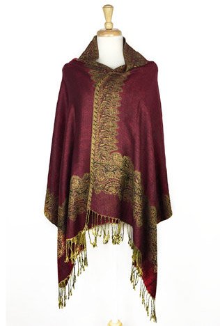 Paskmlna Border Pattern Double Layered Reversible Woven Pashmina Shawl Scarf Wrap Stole (#03burgundy)