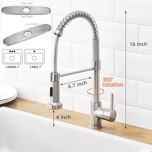 YUUTY Mezcladora para Fregadero, Llaves para Fregadero con rociador desplegable, Níquel Cepillado de Acero Inoxidable Grifo de Cocina, 1 o 3 Agujeros Monomando Para Fregadero para Granja Lavandería RV