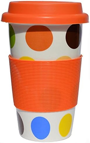 Double Walled Travel Ceramic Mug for Coffee or Tea with Silicone Lid - Polka Dot Assorted Colours