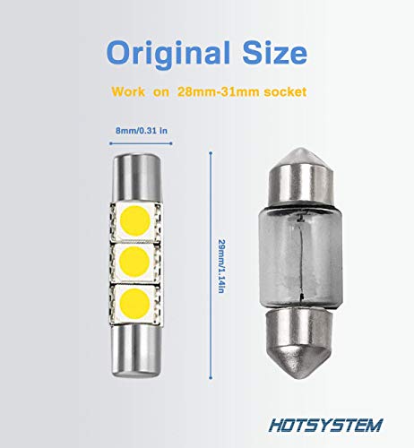 HOTSYSTEM 29mm Fuse Festoon Sun Visor Vanity Mirror LED Light Bulbs DC12V 5050-3SMD 6614F TS-14V1CP Interior Replacement Lights for Car (white,pack-4)