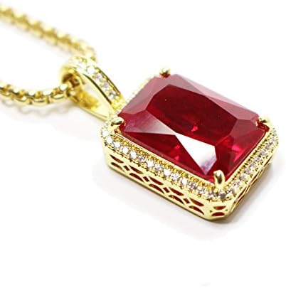 Hip Hop Ruby Red Square Iced Out Gold Necklace Chain
