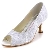 Elegantpark EP11013-25 Women Pumps Peep Toe Mid Heel Lace Satin Bridal Wedding Shoes