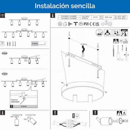 ANWIO Adjustable Black Metal Swivel Spotlight with 4 GU10 Bases – Modern Design for Ceiling Light in Bedrooms, Hallways and Living Rooms (Without Bulbs).