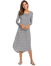 beyove Casual para Mujer Rayas curvo dobladillo cuello redondo de manga larga Midi vestido largo