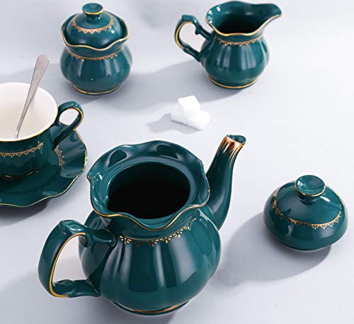 22-Piece Porcelain Ceramic Tea Gift Set with Metal Holder, Coffee Service Set with Cups, Saucers, Teapot, Sugar Bowl, Creamer and Teaspoons.