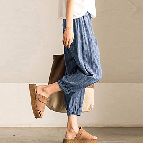 Botrong Women Striped High Waist Cotton and Linen Long Pants Casual Beach Trousers Blue - Thumbnail 3
