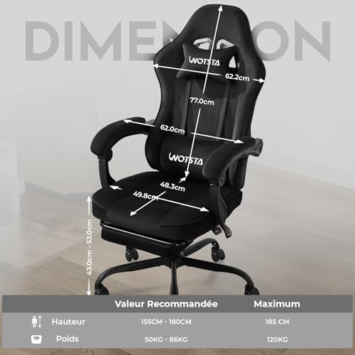 WOTSTA Massage Chaise Gaming Tissu avec Coussin en éponge Haute densité, Siege Gamer avec Repose-Pieds, Fauteuil Gamer pour Adultes Kids,Chaises de Bureau Capacité de Charge 120 kg