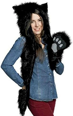 Animal Hood Black Cat Faux Fur Full Hat 3 in 1 Function Winter Warmer Hats