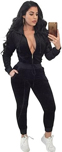 Sedrinuo Womens Velvet Zip Hooded Two Piece Athletic Sweat Shirt Soft Plus Size Sweat Pants Tracksuit Set Black Medium(US6-8)