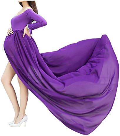 Maternity Long Dresses for Baby Shower Photography with Sleeves Maxi Plus Size (Purple)