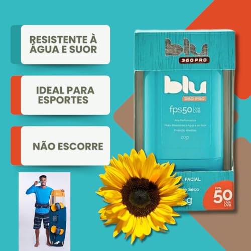 Protetor Solar Blu 360pro Bastão Bege FPS 50 Esporte, ideal para surf 20g e esportes aquáticos, proteção resistente ao suor, prática aplicação UVA UVB diária.