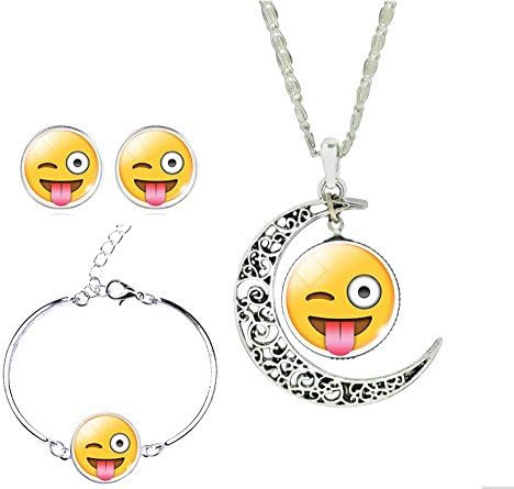 Regreat Funny Glass Crescent Hollow Necklace &amp; Emoji Stud Earrings &amp; Charm Bracelet Emoji Jewelry Sets (Tongue)